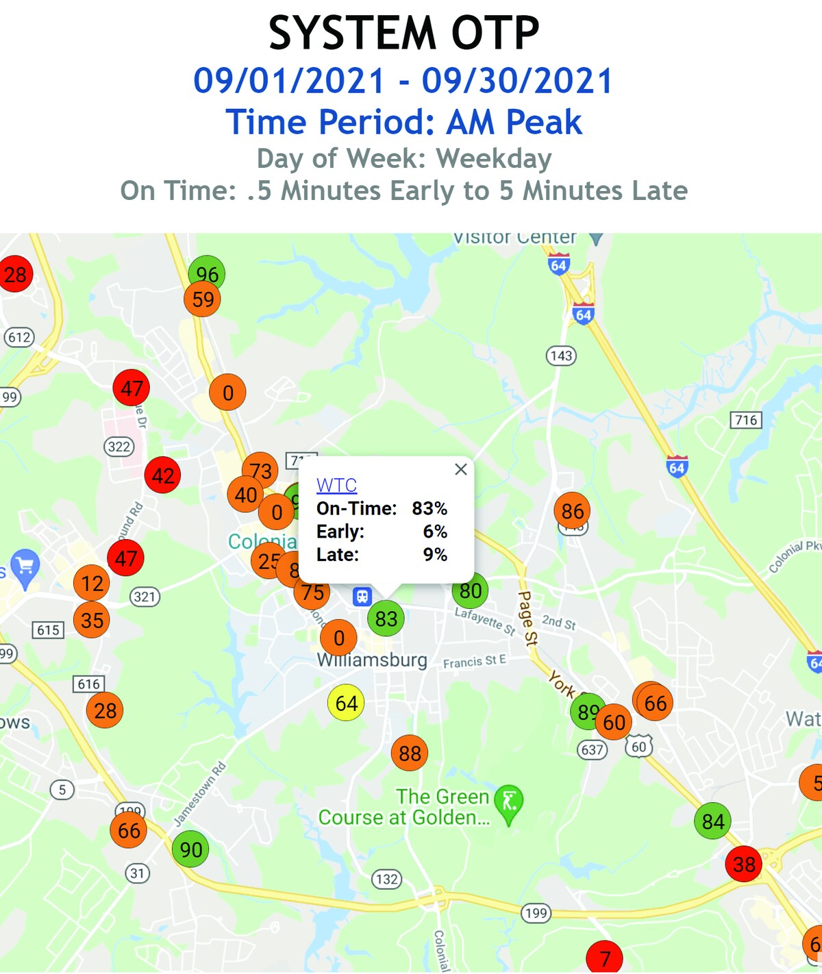 UTA on-time performance report showing per-timepoint OTP percentages plotted on a map